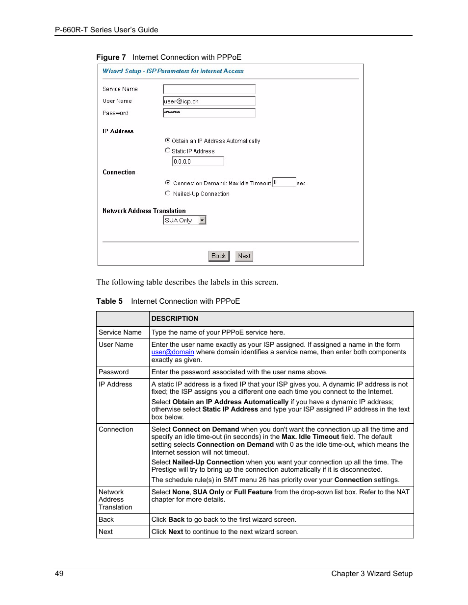Figure 7 internet connection with pppoe, Table 5 internet connection with pppoe | ZyXEL Communications ADSL2+ Ethernet Gateway P-660R-T Series User Manual | Page 49 / 302