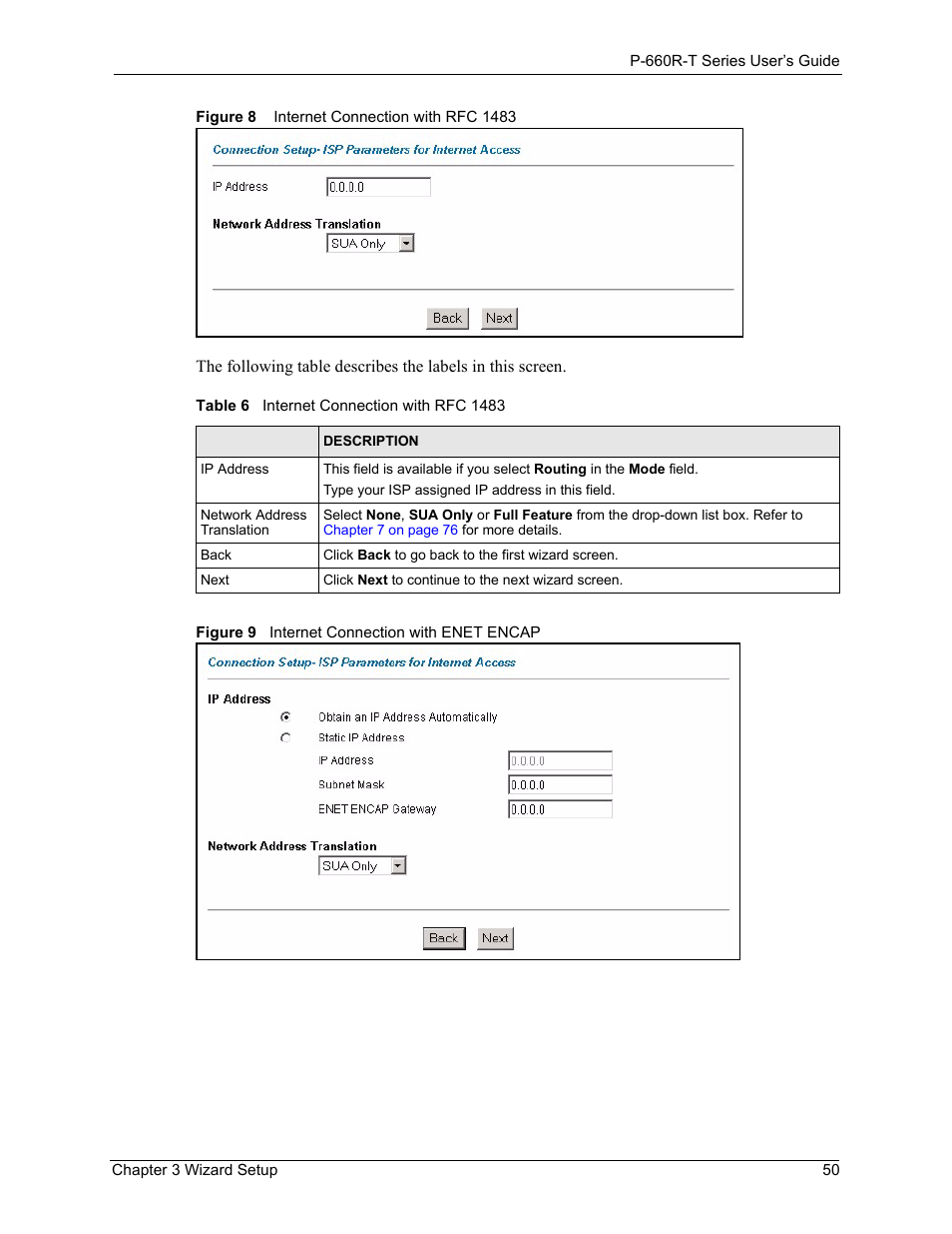 Table 6 internet connection with rfc 1483 | ZyXEL Communications ADSL2+ Ethernet Gateway P-660R-T Series User Manual | Page 50 / 302