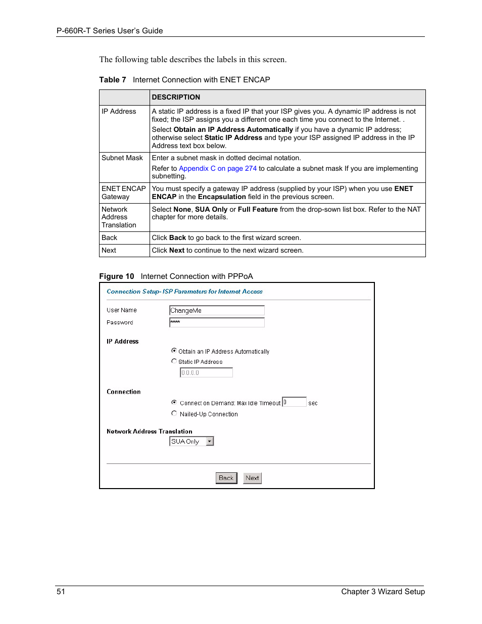 Figure 10 internet connection with pppoa, Table 7 internet connection with enet encap | ZyXEL Communications ADSL2+ Ethernet Gateway P-660R-T Series User Manual | Page 51 / 302