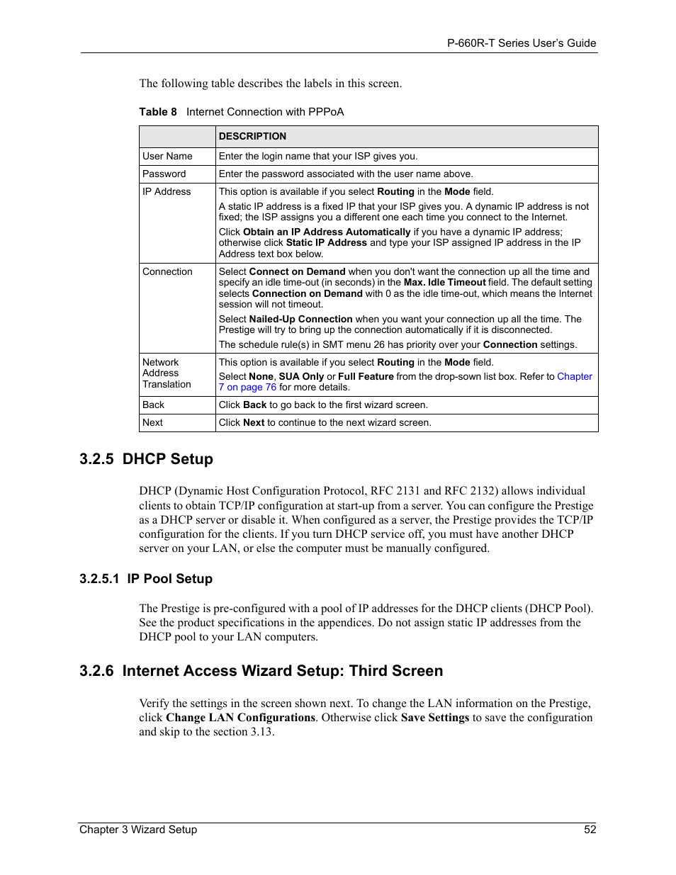 5 dhcp setup, 1 ip pool setup, 6 internet access wizard setup: third screen | Table 8 internet connection with pppoa | ZyXEL Communications ADSL2+ Ethernet Gateway P-660R-T Series User Manual | Page 52 / 302