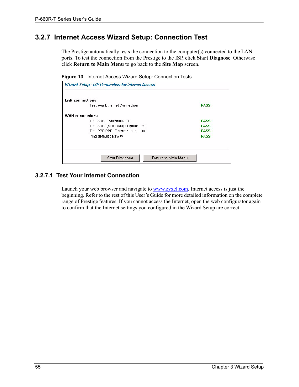 7 internet access wizard setup: connection test, 1 test your internet connection | ZyXEL Communications ADSL2+ Ethernet Gateway P-660R-T Series User Manual | Page 55 / 302