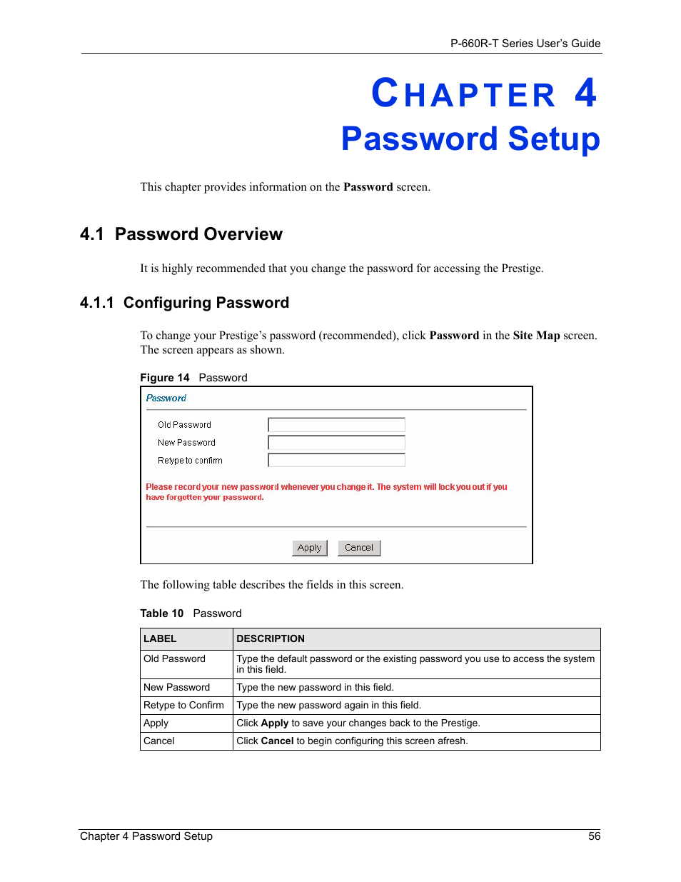Password setup, 1 password overview, 1 configuring password | Chapter 4 password setup, Figure 14 password, Table 10 password | ZyXEL Communications ADSL2+ Ethernet Gateway P-660R-T Series User Manual | Page 56 / 302