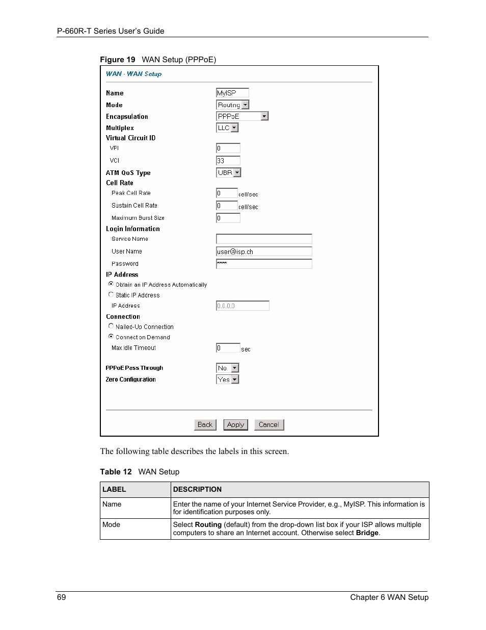 Figure 19 wan setup (pppoe), Table 12 wan setup | ZyXEL Communications ADSL2+ Ethernet Gateway P-660R-T Series User Manual | Page 69 / 302