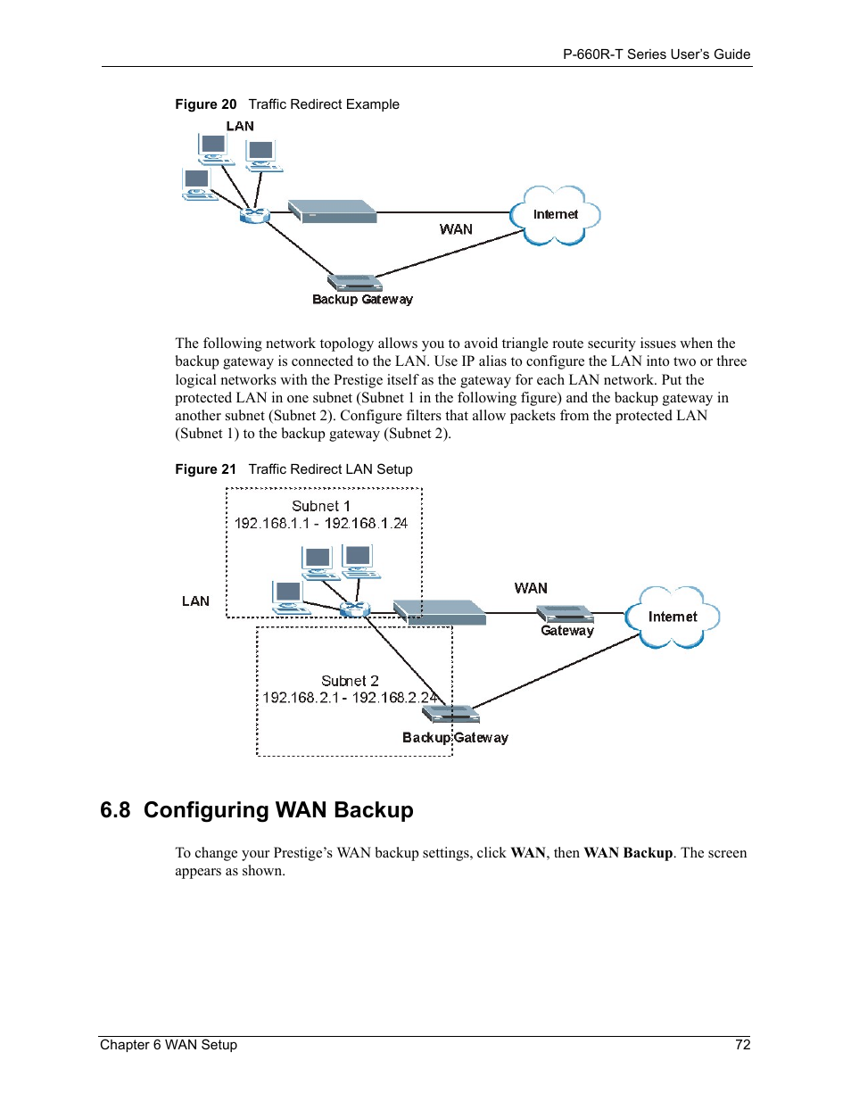 8 configuring wan backup | ZyXEL Communications ADSL2+ Ethernet Gateway P-660R-T Series User Manual | Page 72 / 302