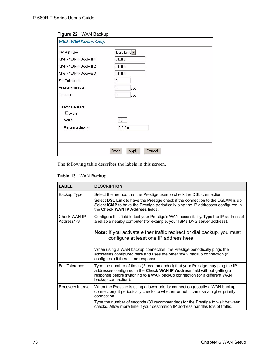 Figure 22 wan backup, Table 13 wan backup | ZyXEL Communications ADSL2+ Ethernet Gateway P-660R-T Series User Manual | Page 73 / 302