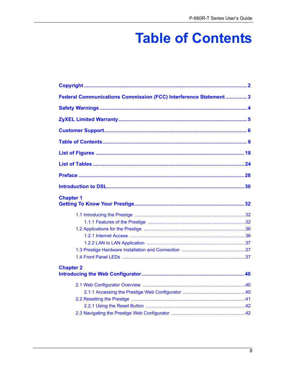 ZyXEL Communications ADSL2+ Ethernet Gateway P-660R-T Series User Manual | Page 8 / 302