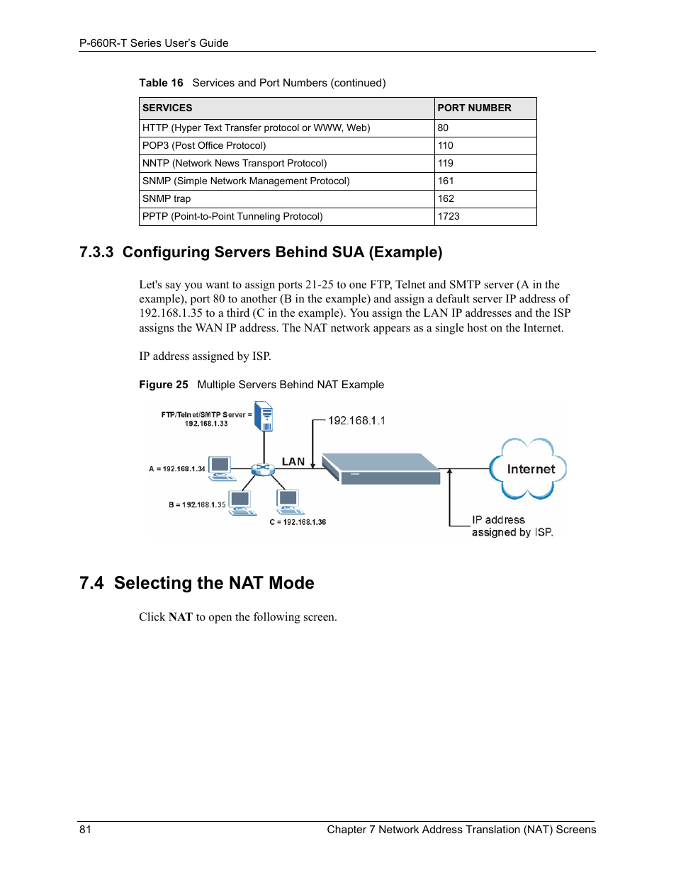 3 configuring servers behind sua (example), 4 selecting the nat mode, Figure 25 multiple servers behind nat example | ZyXEL Communications ADSL2+ Ethernet Gateway P-660R-T Series User Manual | Page 81 / 302