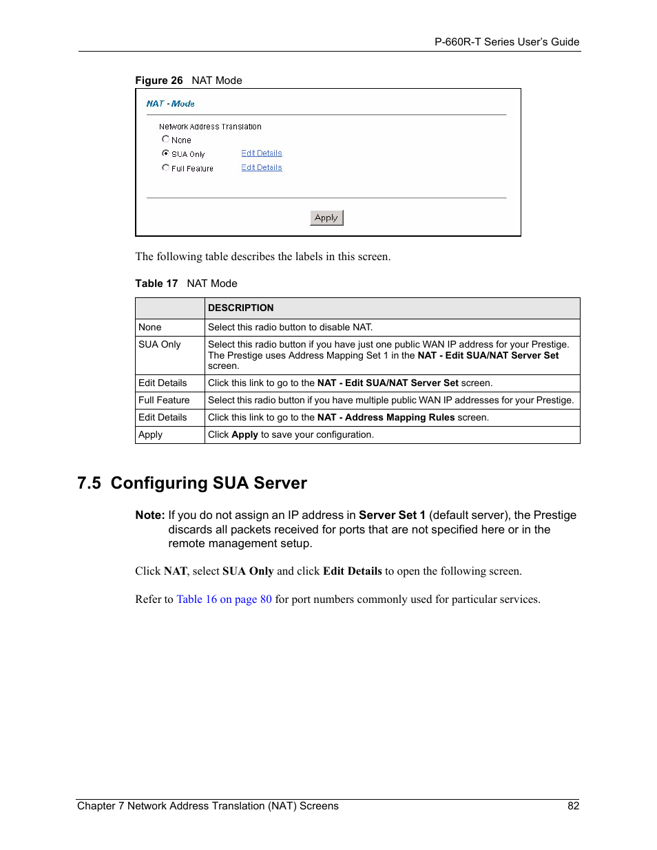 5 configuring sua server, Figure 26 nat mode, Table 17 nat mode | ZyXEL Communications ADSL2+ Ethernet Gateway P-660R-T Series User Manual | Page 82 / 302