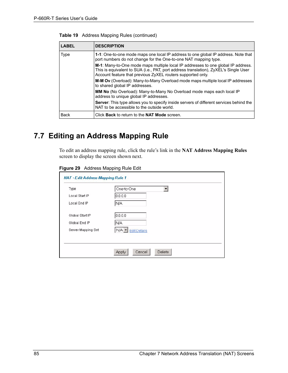 7 editing an address mapping rule, Figure 29 address mapping rule edit | ZyXEL Communications ADSL2+ Ethernet Gateway P-660R-T Series User Manual | Page 85 / 302