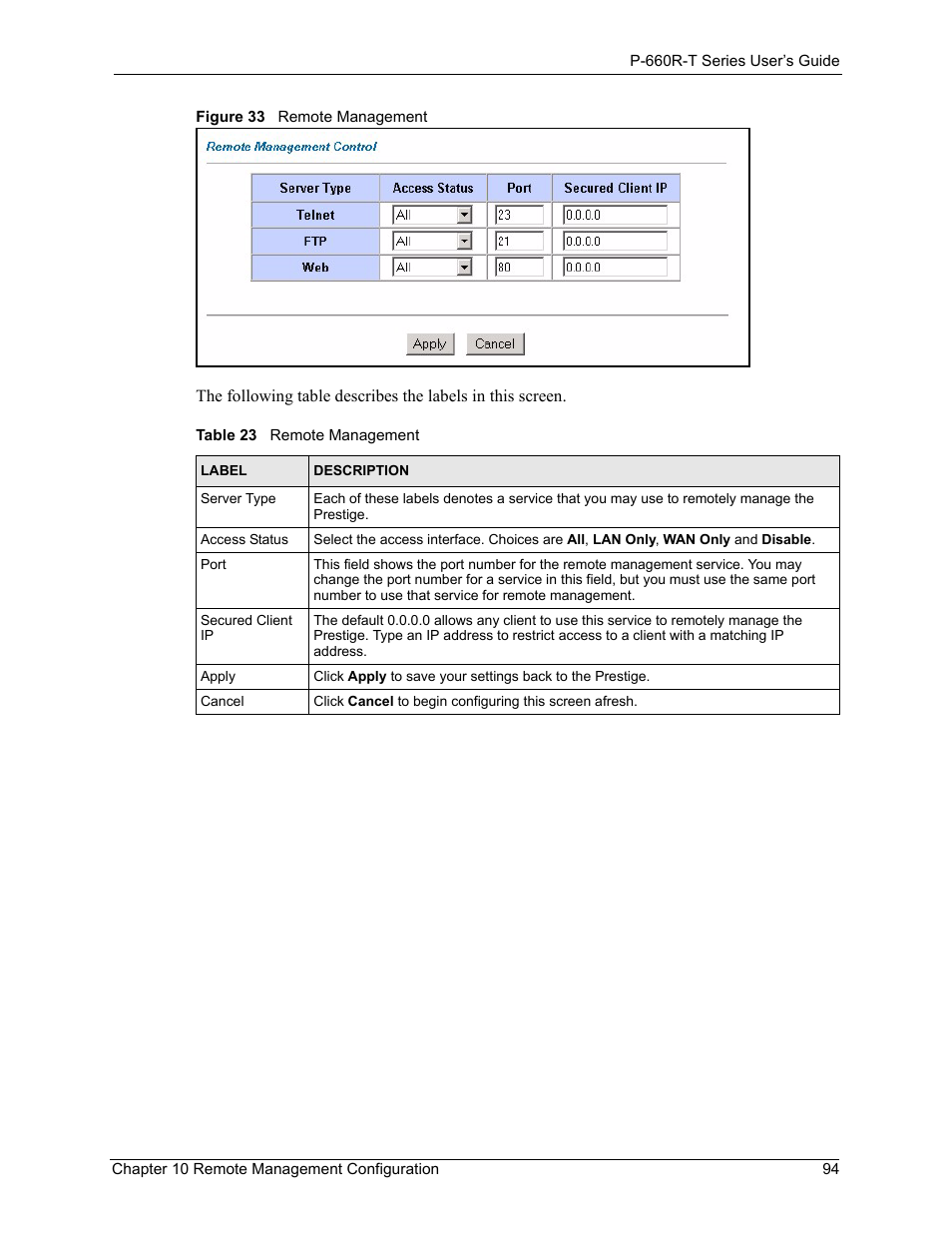 Figure 33 remote management, Table 23 remote management | ZyXEL Communications ADSL2+ Ethernet Gateway P-660R-T Series User Manual | Page 94 / 302
