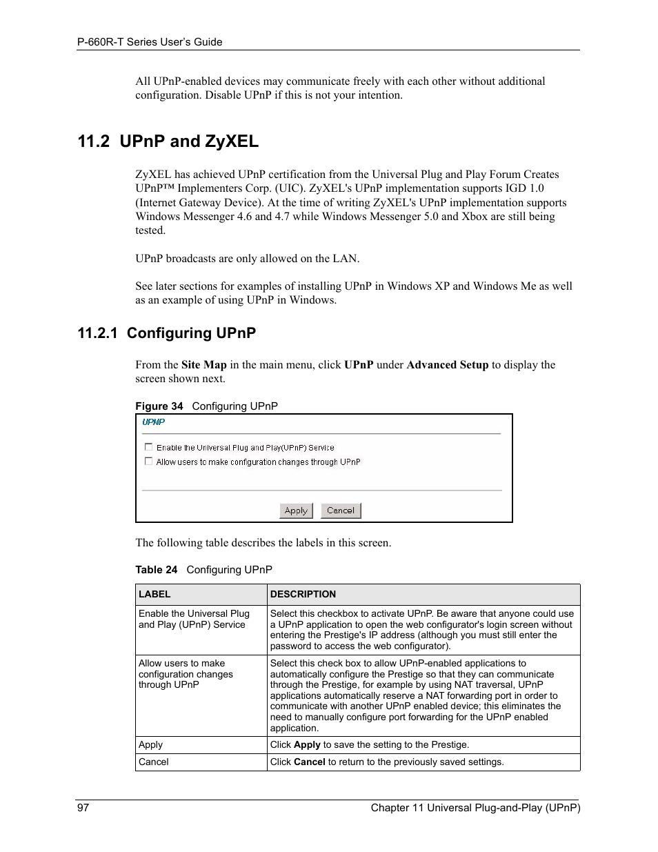 2 upnp and zyxel, 1 configuring upnp, Figure 34 configuring upnp | Table 24 configuring upnp | ZyXEL Communications ADSL2+ Ethernet Gateway P-660R-T Series User Manual | Page 97 / 302