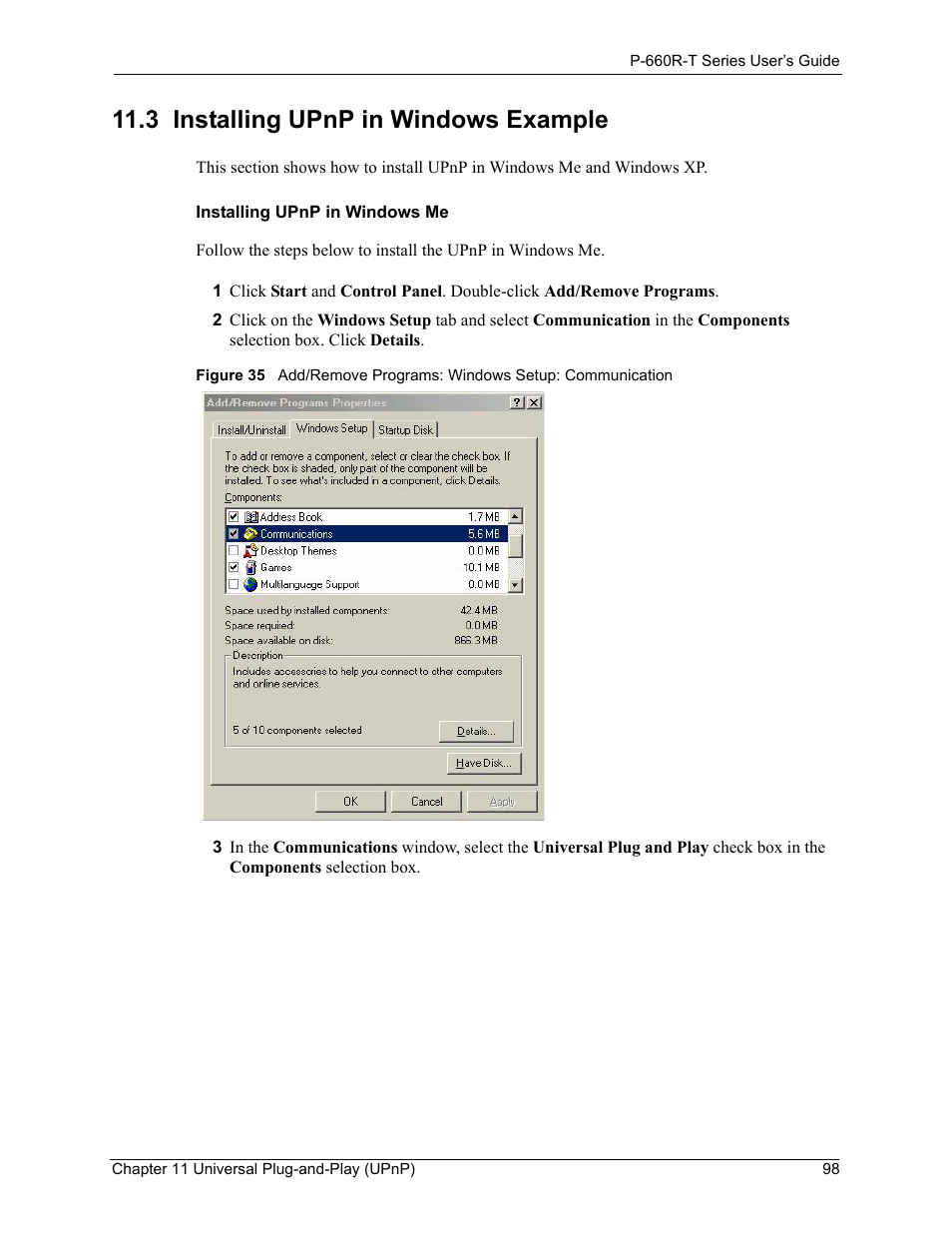 3 installing upnp in windows example | ZyXEL Communications ADSL2+ Ethernet Gateway P-660R-T Series User Manual | Page 98 / 302