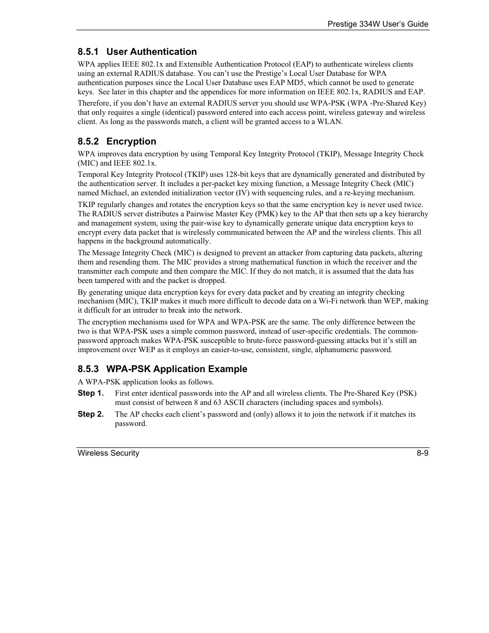 User authentication, Encryption, Wpa-psk application example | ZyXEL Communications P-334W User Manual | Page 107 / 496