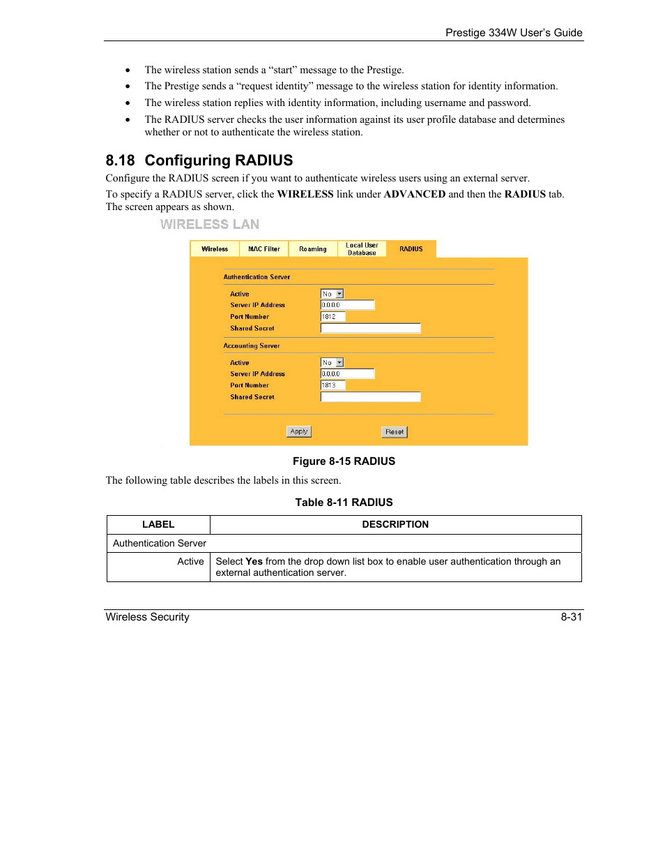 Configuring radius, 18 configuring radius | ZyXEL Communications P-334W User Manual | Page 129 / 496