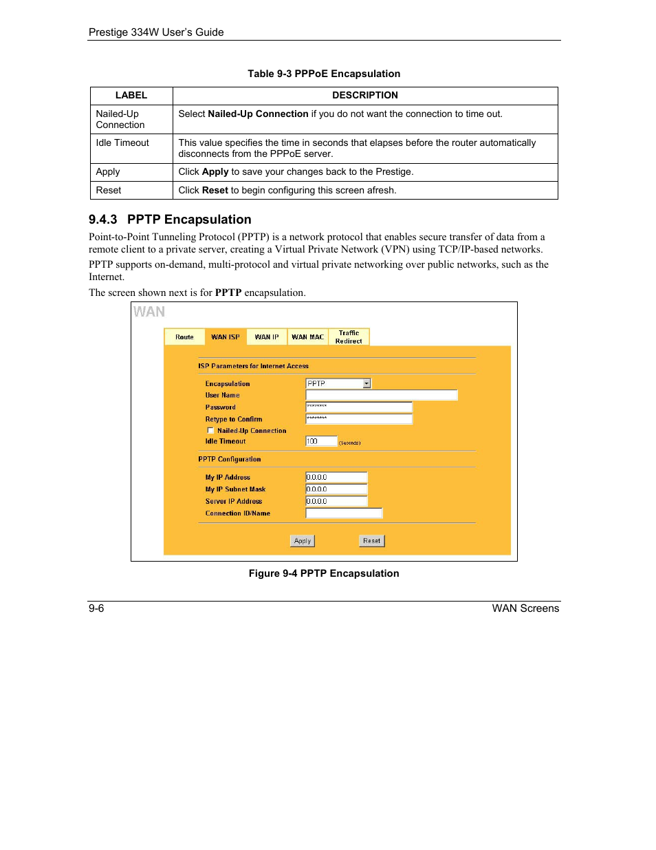 Pptp encapsulation, 3 pptp encapsulation | ZyXEL Communications P-334W User Manual | Page 136 / 496