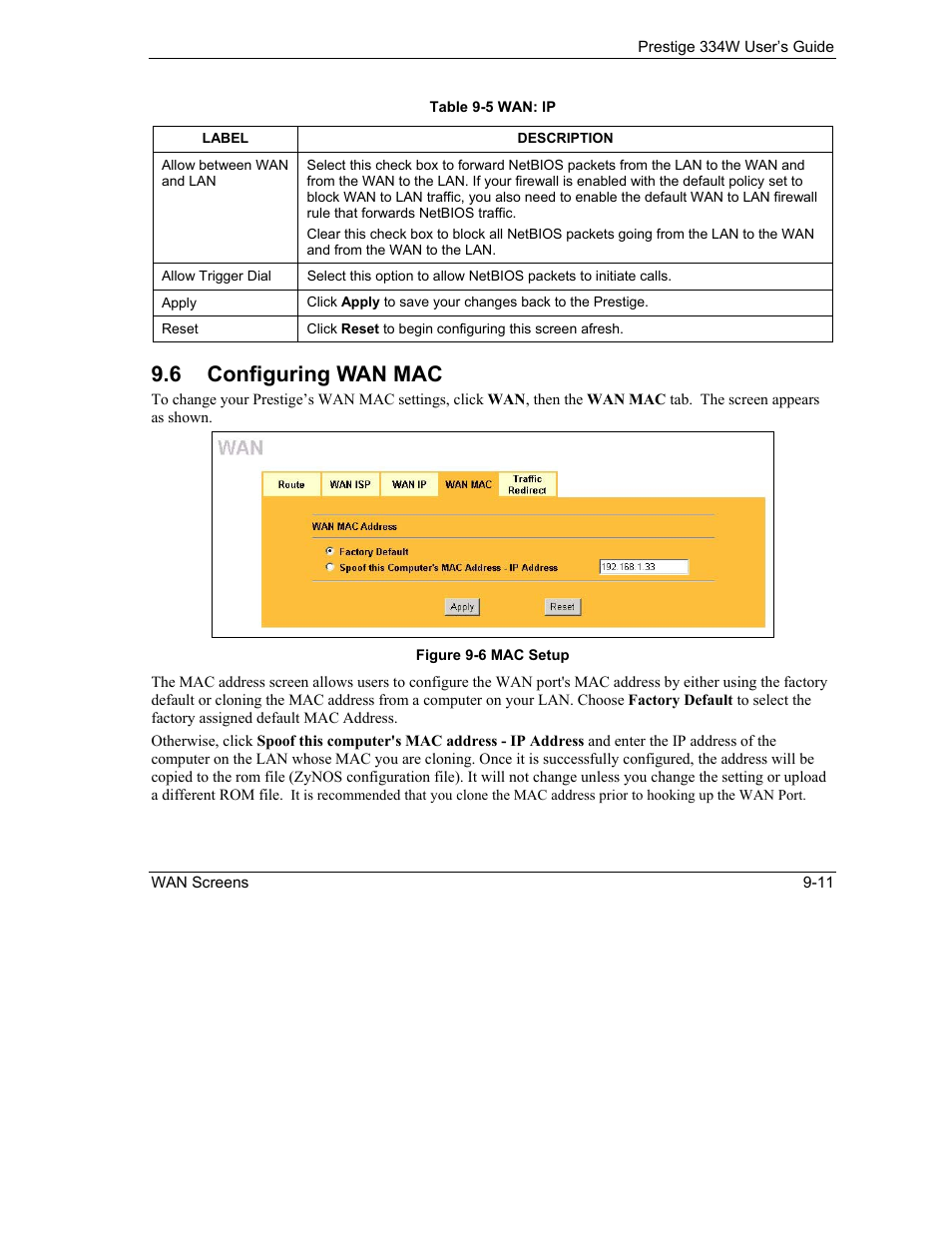 Configuring wan mac, 6 configuring wan mac | ZyXEL Communications P-334W User Manual | Page 141 / 496