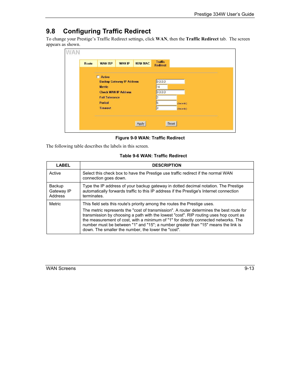 Configuring traffic redirect, 8 configuring traffic redirect | ZyXEL Communications P-334W User Manual | Page 143 / 496