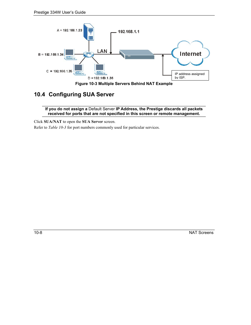 Configuring sua server, 4 configuring sua server | ZyXEL Communications P-334W User Manual | Page 154 / 496