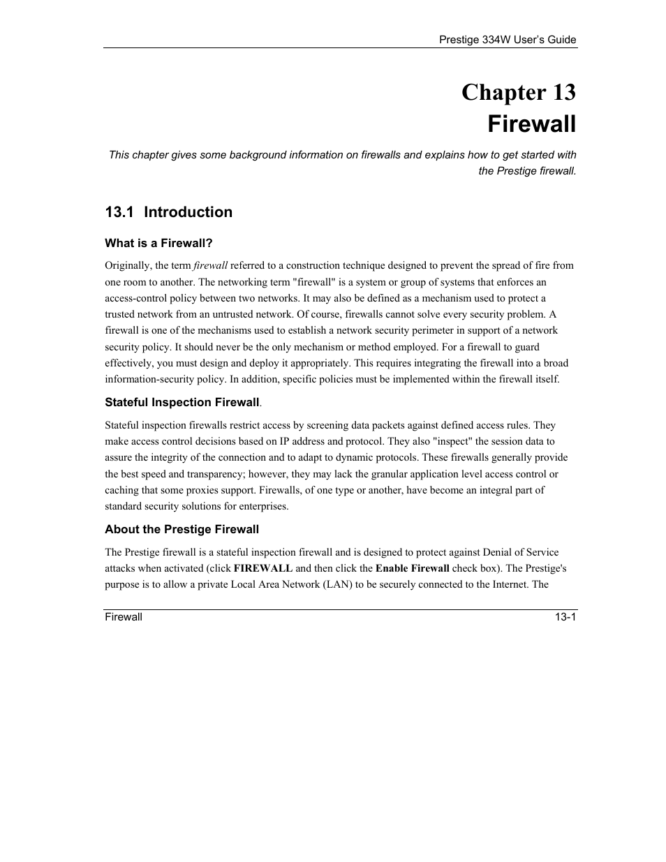 Firewall, Introduction, Chapter 13 firewall | ZyXEL Communications P-334W User Manual | Page 179 / 496