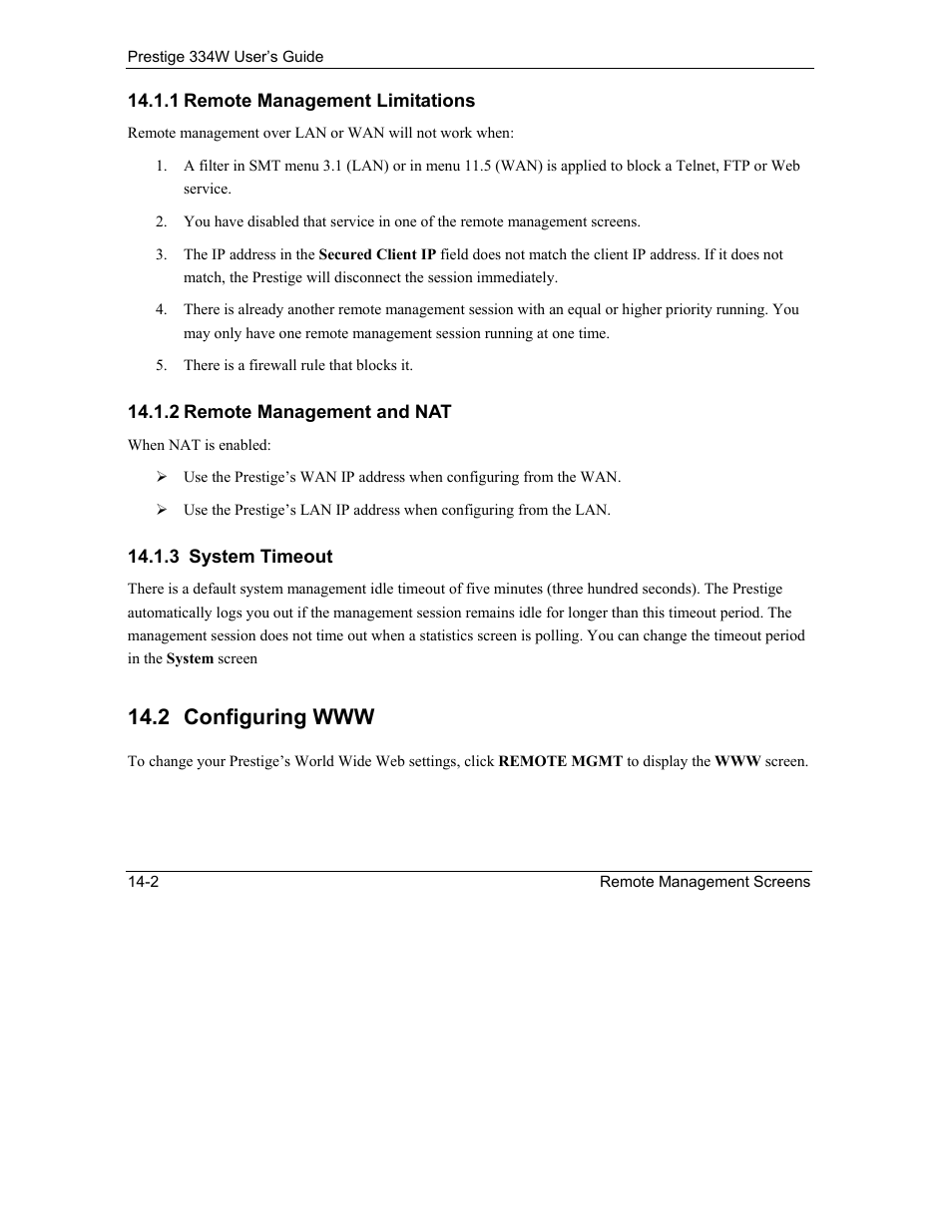 Remote management limitations, Remote management and nat, System timeout | Configuring www | ZyXEL Communications P-334W User Manual | Page 192 / 496