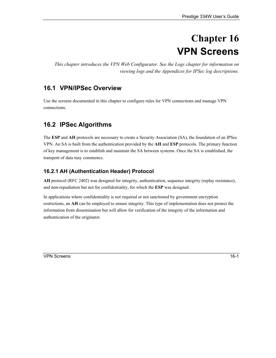 Vpn screens, Vpn/ipsec overview, Ipsec algorithms | Ah (authentication header) protocol, Chapter 16 vpn screens | ZyXEL Communications P-334W User Manual | Page 211 / 496