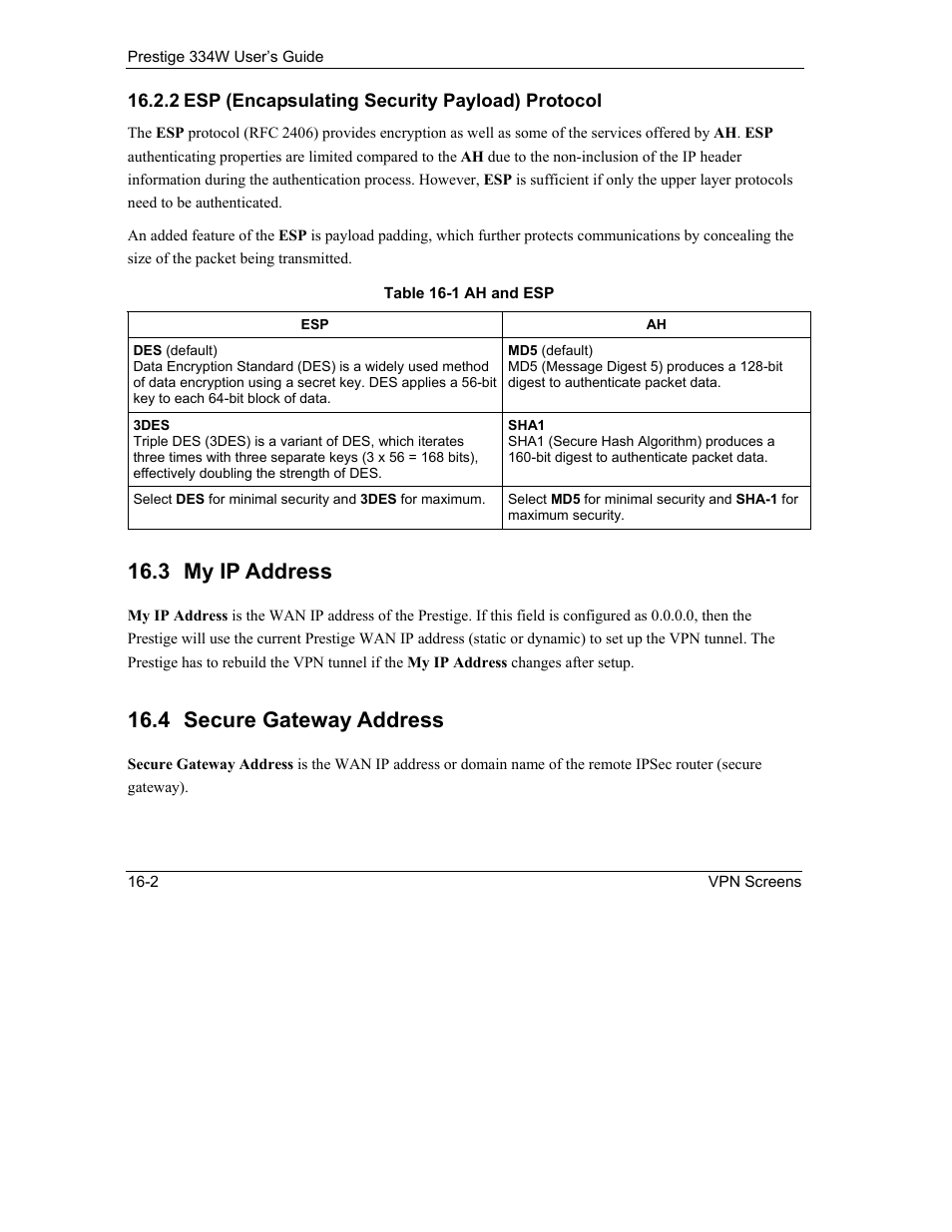 Esp (encapsulating security payload) protocol, My ip address, Secure gateway address | 3 my ip address, 4 secure gateway address | ZyXEL Communications P-334W User Manual | Page 212 / 496