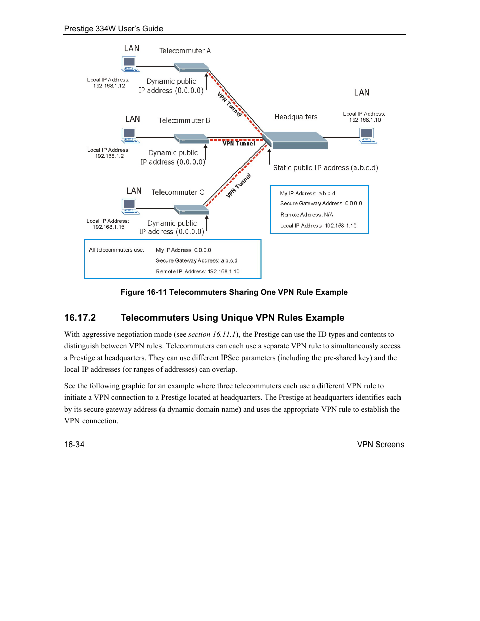 Telecommuters using unique vpn rules example | ZyXEL Communications P-334W User Manual | Page 244 / 496