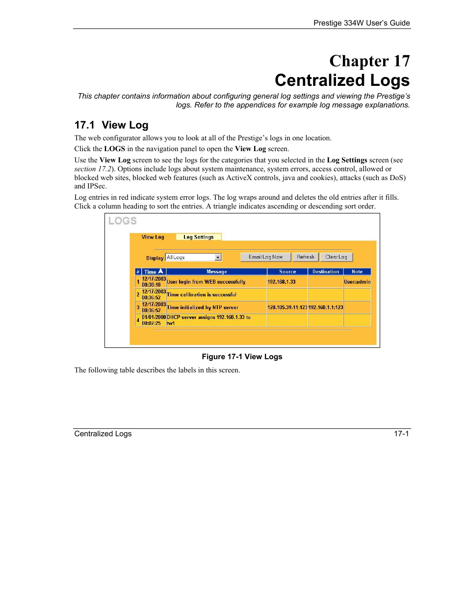 Centralized logs, View log, Chapter 17 centralized logs | ZyXEL Communications P-334W User Manual | Page 249 / 496