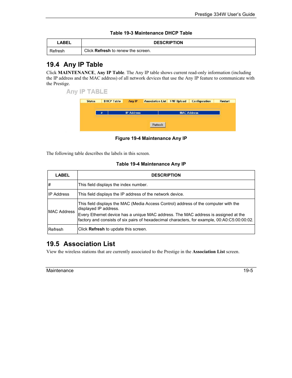 Any ip table, Association list, 4 any ip table | 5 association list | ZyXEL Communications P-334W User Manual | Page 273 / 496