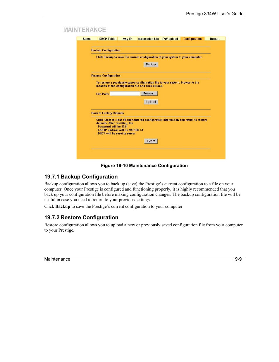 Backup configuration, Restore configuration | ZyXEL Communications P-334W User Manual | Page 277 / 496