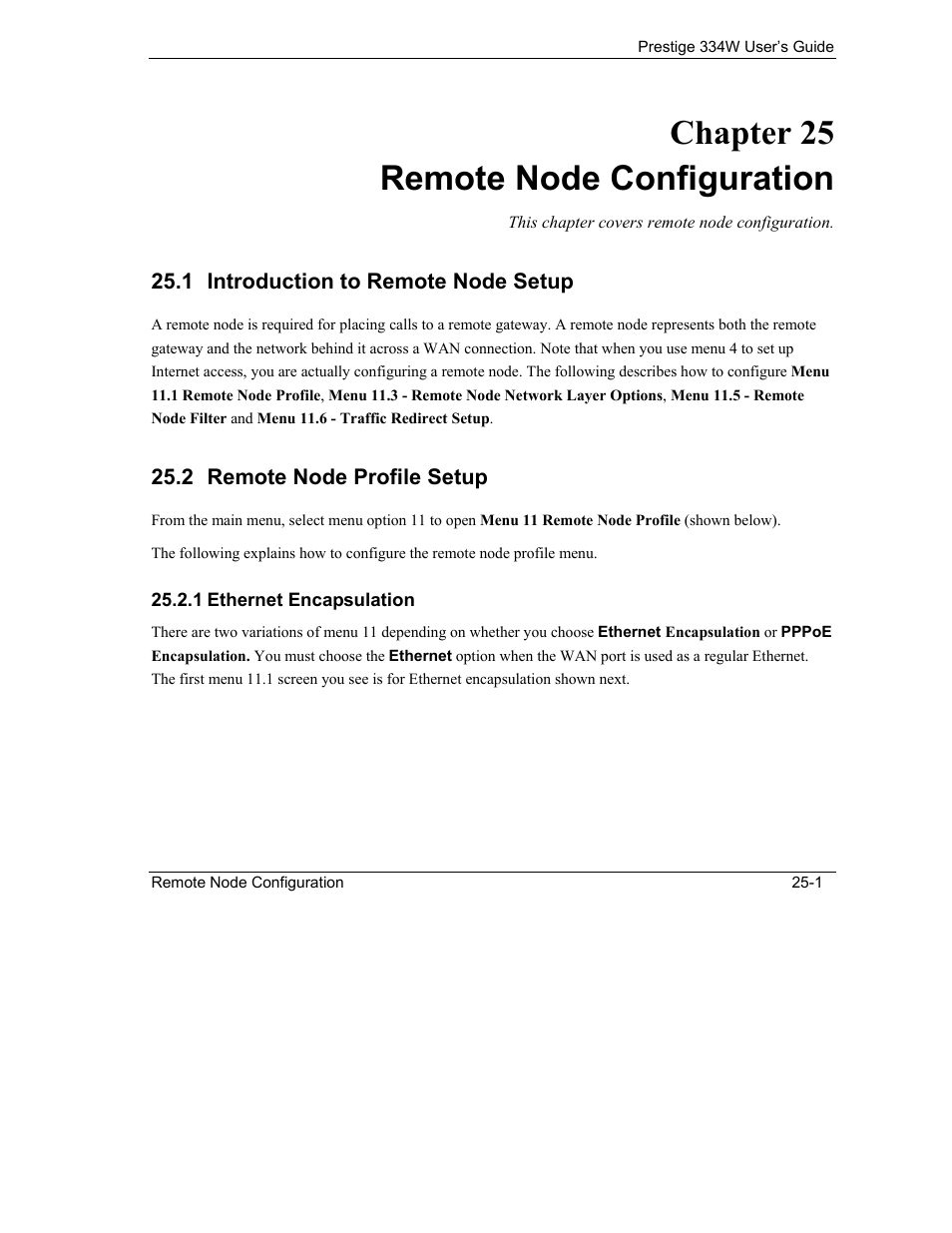 Remote node configuration, Introduction to remote node setup, Remote node profile setup | Ethernet encapsulation, Chapter 25 remote node configuration | ZyXEL Communications P-334W User Manual | Page 315 / 496