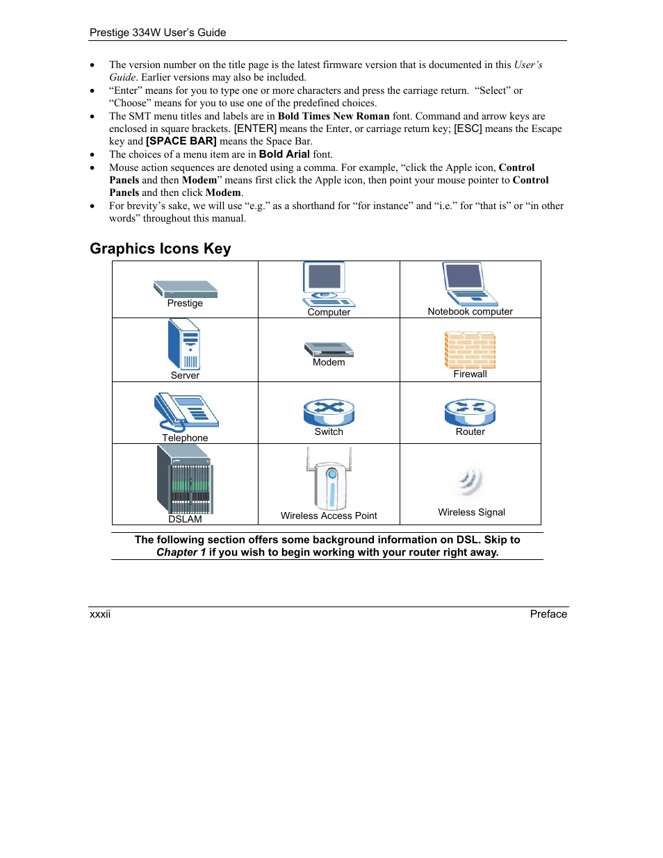 Preface, Graphics icons key | ZyXEL Communications P-334W User Manual | Page 32 / 496