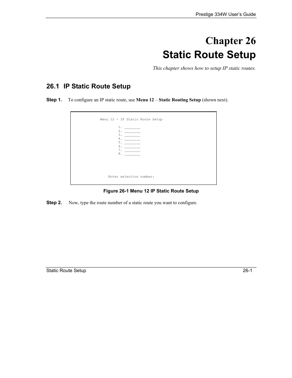 Static route setup, Ip static route setup, Chapter 26 static route setup | 1 ip static route setup | ZyXEL Communications P-334W User Manual | Page 327 / 496