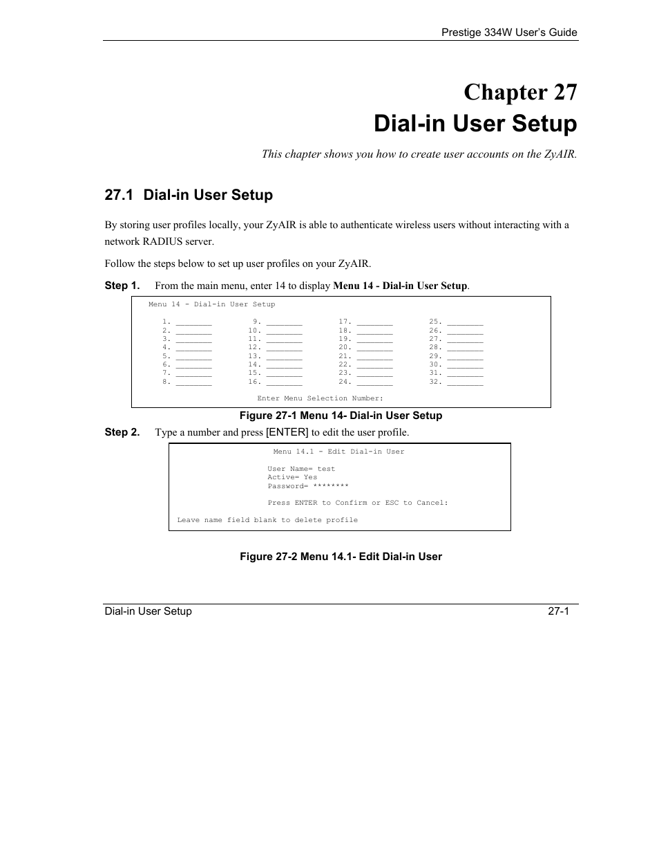 Dial-in user setup, Chapter 27 dial-in user setup, 1 dial-in user setup | ZyXEL Communications P-334W User Manual | Page 331 / 496