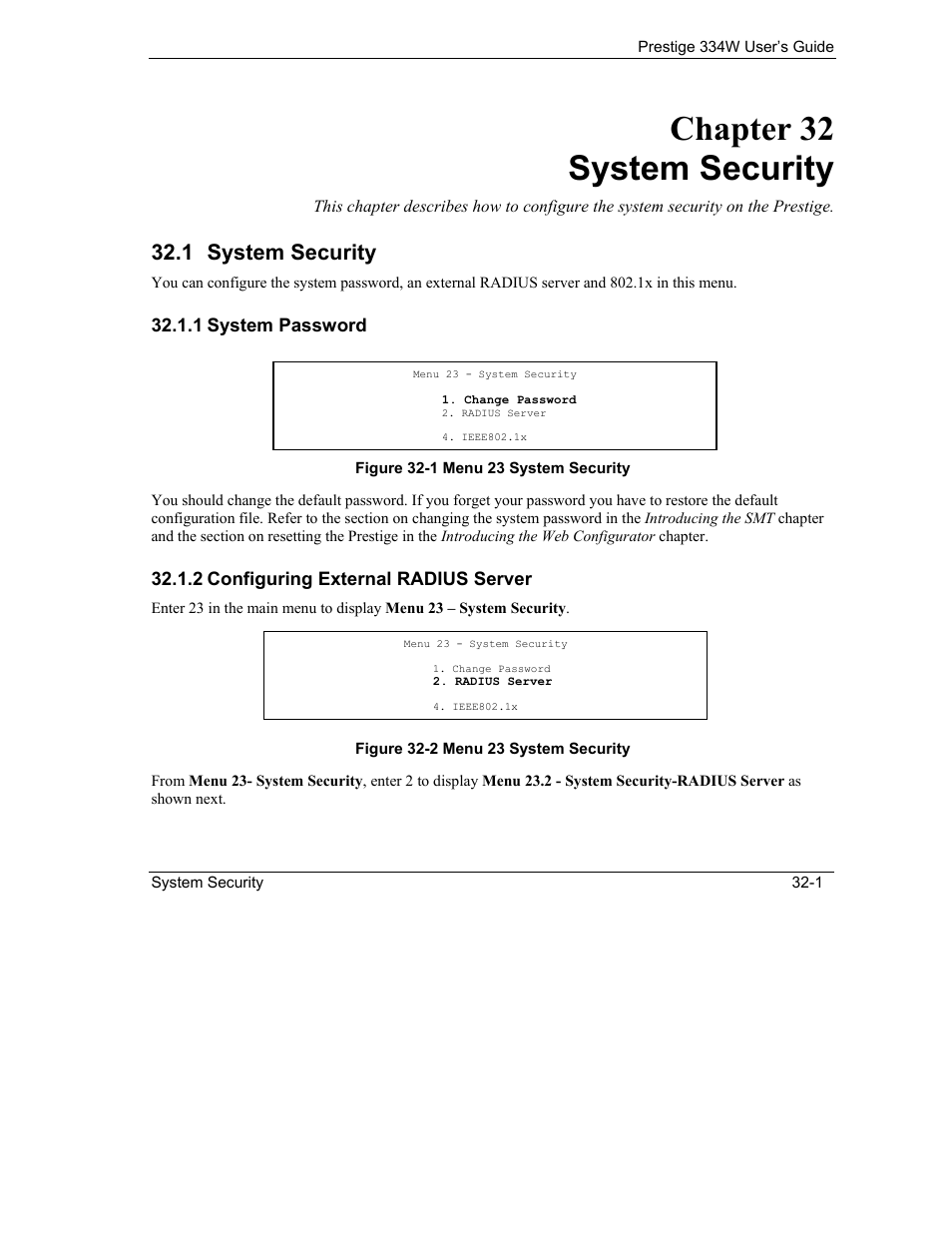 System security, System password, Configuring external radius server | Chapter 32 system security, 1 system security | ZyXEL Communications P-334W User Manual | Page 379 / 496