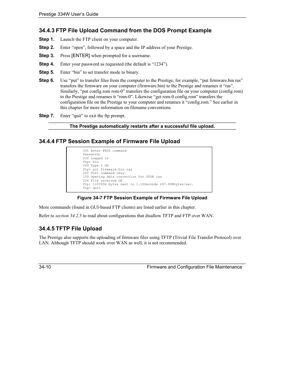 Ftp session example of firmware file upload, Tftp file upload, 4 ftp session example of firmware file upload | 5 tftp file upload | ZyXEL Communications P-334W User Manual | Page 406 / 496