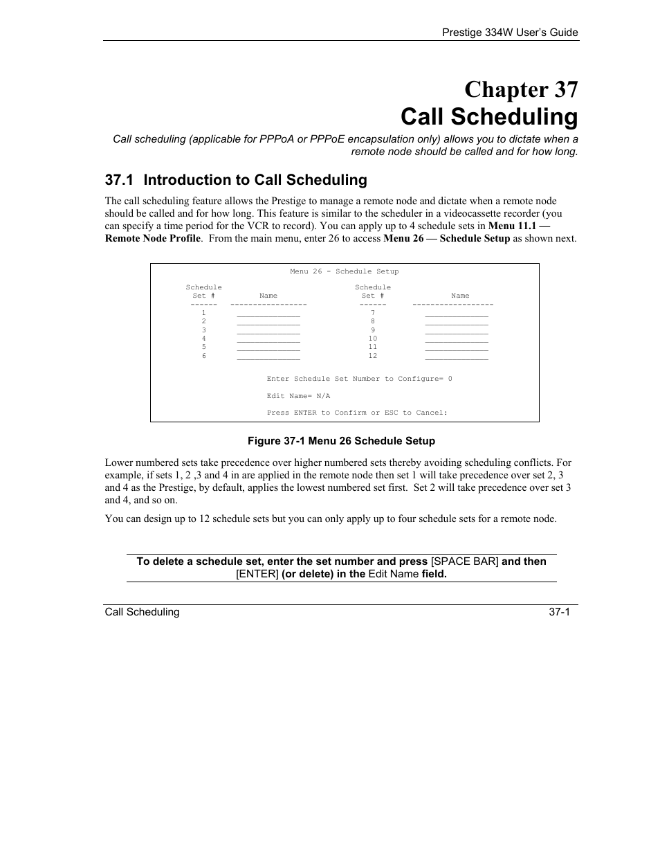 Call scheduling, Introduction to call scheduling, Chapter 37 call scheduling | 1 introduction to call scheduling | ZyXEL Communications P-334W User Manual | Page 419 / 496