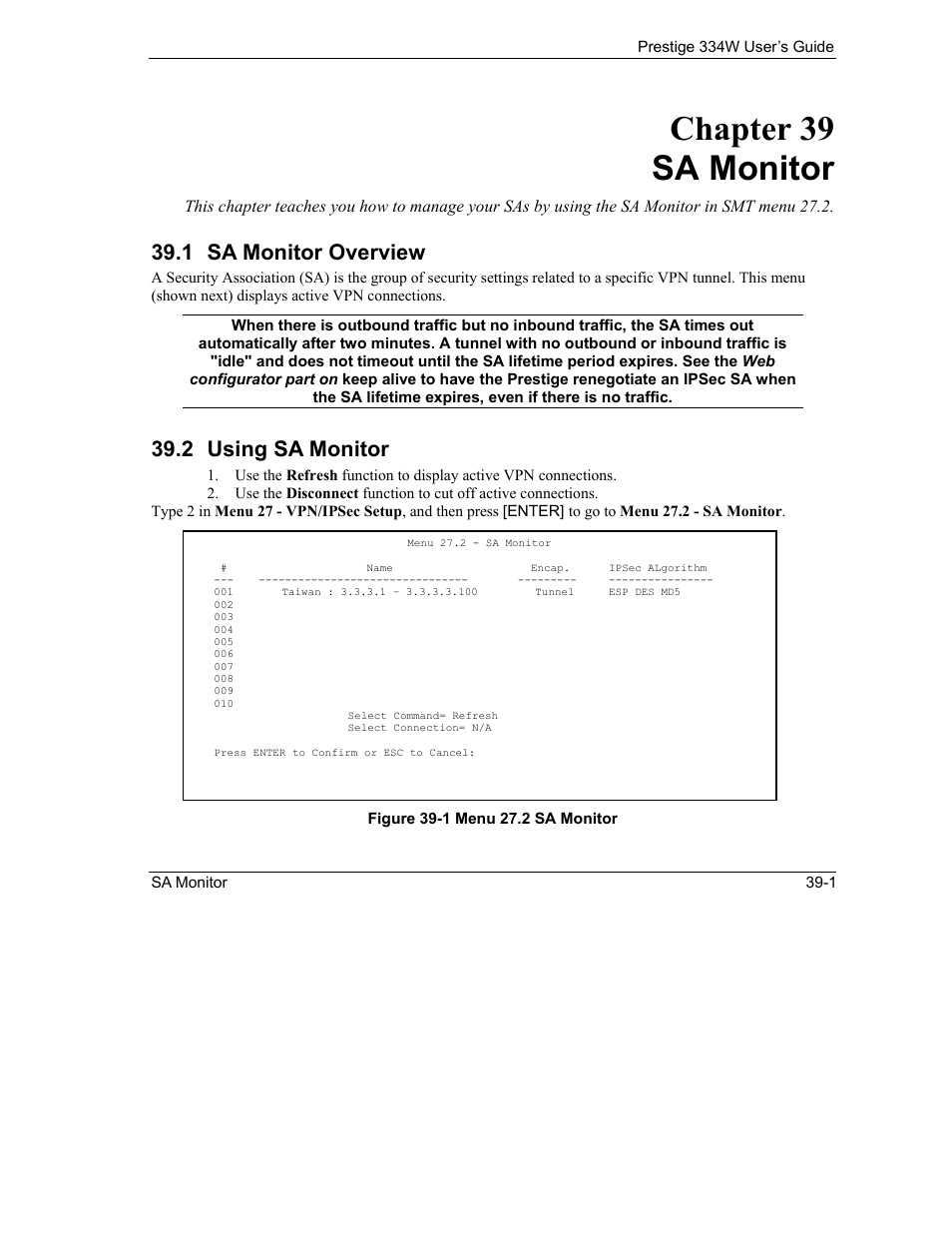 Sa monitor, Sa monitor overview, Using sa monitor | Chapter 39 sa monitor, 1 sa monitor overview, 2 using sa monitor | ZyXEL Communications P-334W User Manual | Page 441 / 496