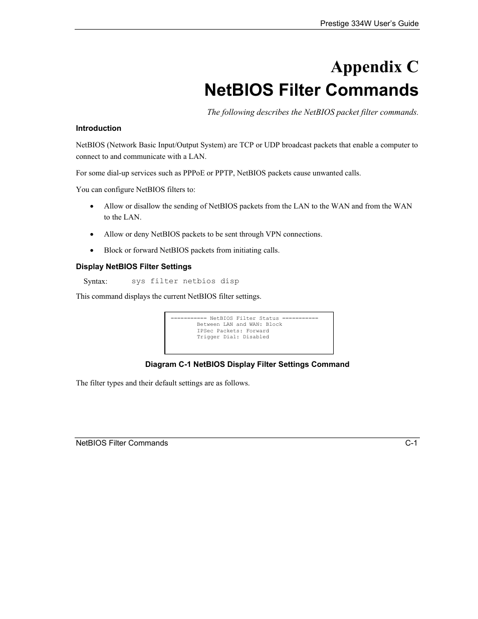 Netbios filter commands, Appendix c netbios filter commands | ZyXEL Communications P-334W User Manual | Page 453 / 496