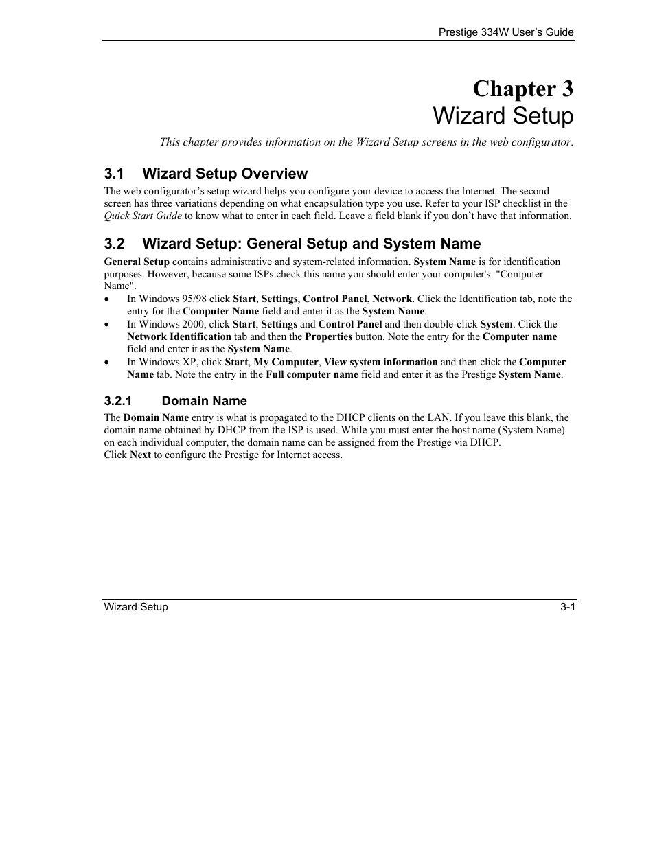 Wizard setup, Wizard setup overview, Wizard setup: general setup and system name | Domain name, Chapter 3 wizard setup | ZyXEL Communications P-334W User Manual | Page 49 / 496