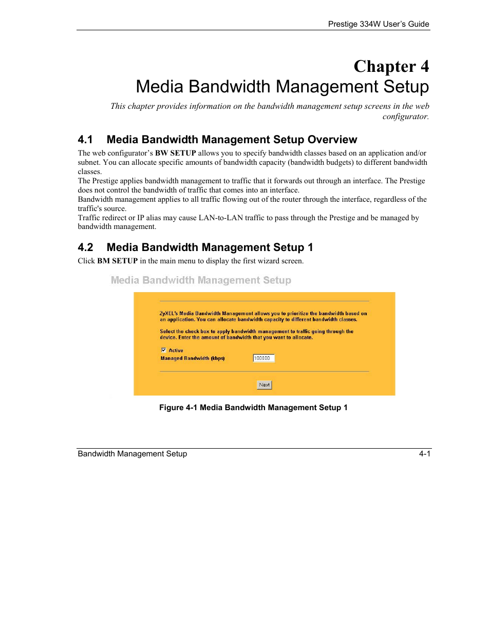 Media bandwidth management setup, Media bandwidth management setup overview, Media bandwidth management setup 1 | Chapter 4 media bandwidth management setup | ZyXEL Communications P-334W User Manual | Page 65 / 496