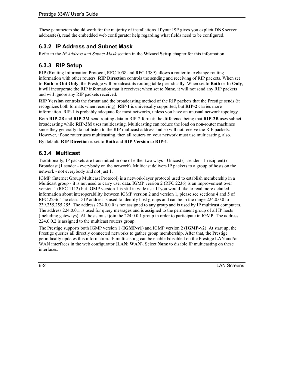 Ip address and subnet mask, Rip setup, Multicast | ZyXEL Communications P-334W User Manual | Page 80 / 496