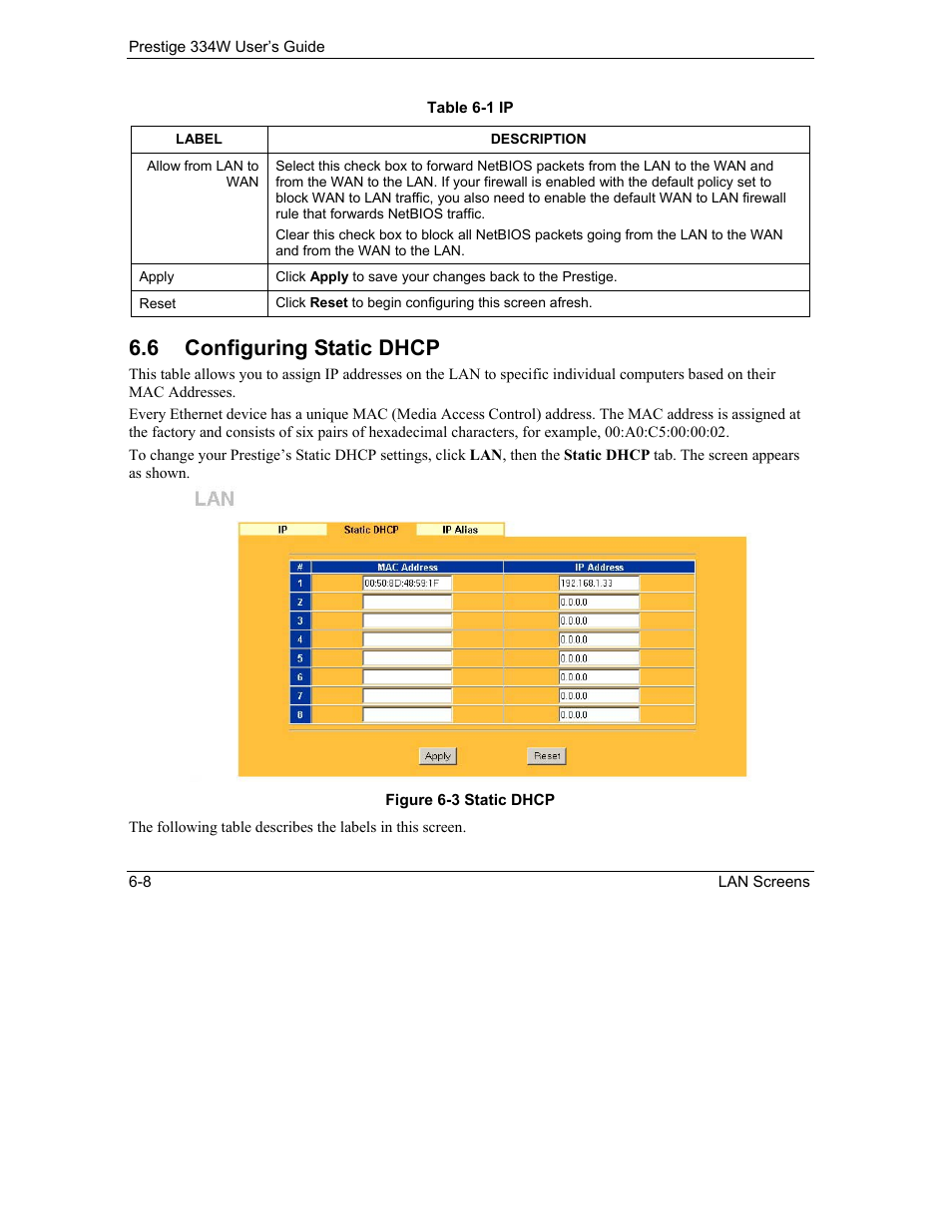 Configuring static dhcp, 6 configuring static dhcp | ZyXEL Communications P-334W User Manual | Page 86 / 496