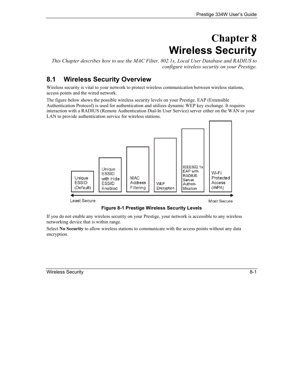 Wireless security, Wireless security overview, Chapter 8 wireless security | ZyXEL Communications P-334W User Manual | Page 99 / 496