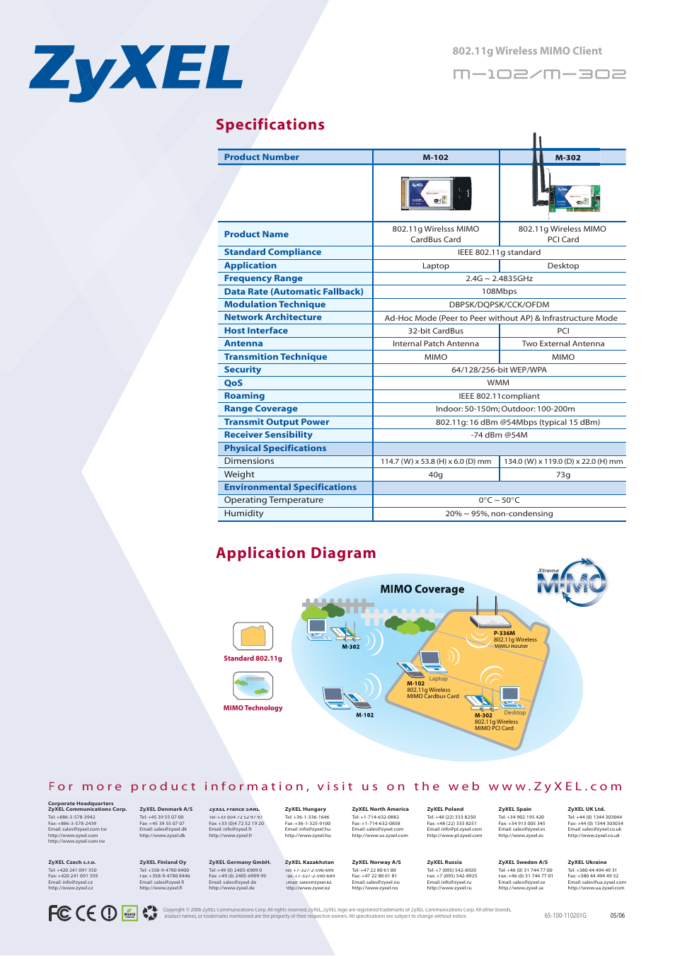Specifications, Application diagram | ZyXEL Communications ZyXEL XtremeMIMO M-102 User Manual | Page 2 / 2