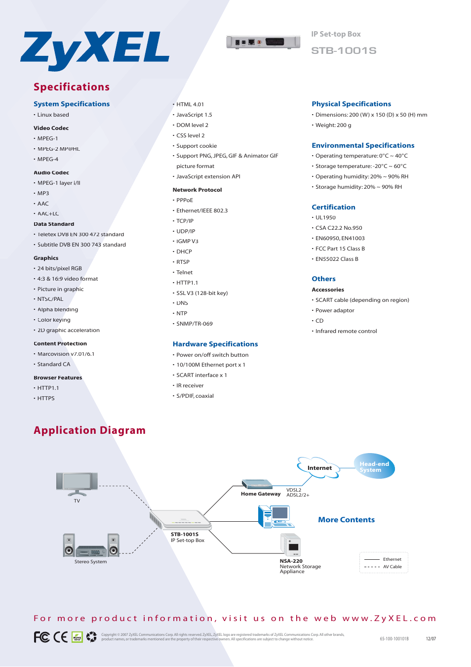 Specifications application diagram, Stb-1001s, Ip set-top box | More contents | ZyXEL Communications STB-1001S User Manual | Page 2 / 2