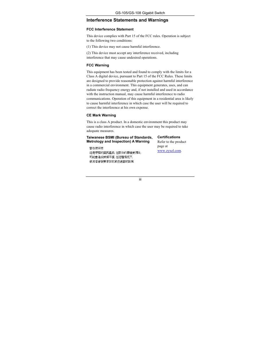 Interference statements and warnings | ZyXEL Communications GS-108 User Manual | Page 2 / 7