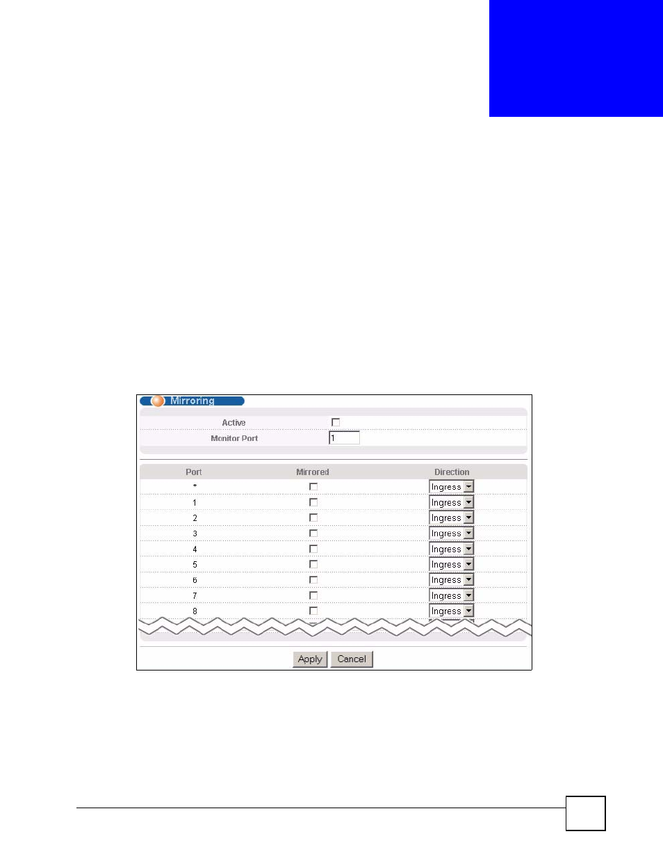 Mirroring, 1 port mirroring setup, Chapter 14 mirroring | Figure 61 advanced application > mirroring, Mirroring (131) | ZyXEL Communications GS-4024 User Manual | Page 131 / 462