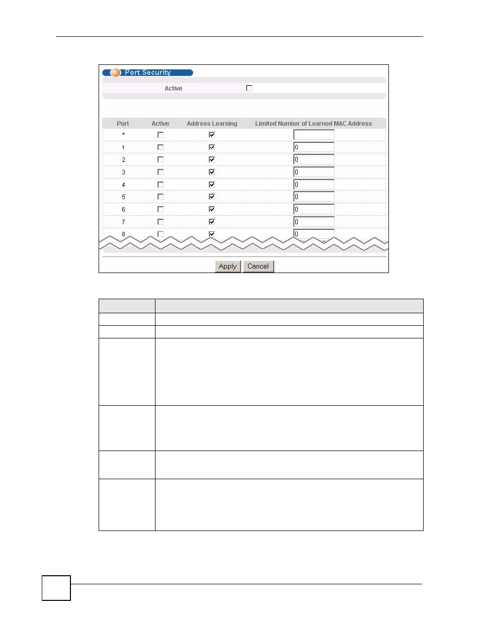Figure 72 advanced application > port security, Table 41 advanced application > port security | ZyXEL Communications GS-4024 User Manual | Page 148 / 462