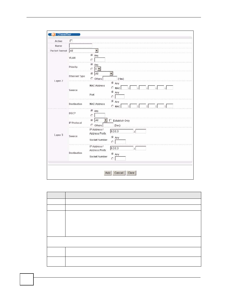 Figure 73 advanced application > classifier, Table 42 advanced application > classifier | ZyXEL Communications GS-4024 User Manual | Page 152 / 462